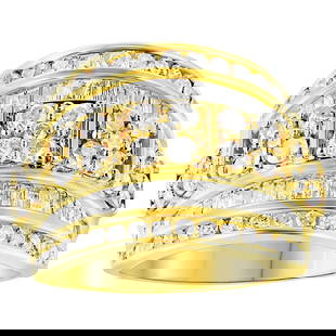 10k Gold-pl 2.05ct Diamond Multi-row Cocktail Ring: Ring size: 6. This is a stunning 10k yellow gold plated . 925 sterling silver ring that features 59 round-cut diamonds weighing a combined 1. 43 carats and 46 baguette-cut diamonds, totaling 0. 62 car