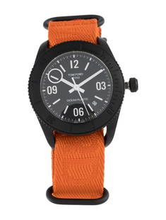 Tom Ford 002 Ocean Plastics Sport Auto Men's 43mm: Condition is good, pre-owned. Details: black dial, tang buckle, fits a wrist size of 7" or smaller, collection: 002 ocean plastic, serial number: 02***, movement: automatic, complications: date, case