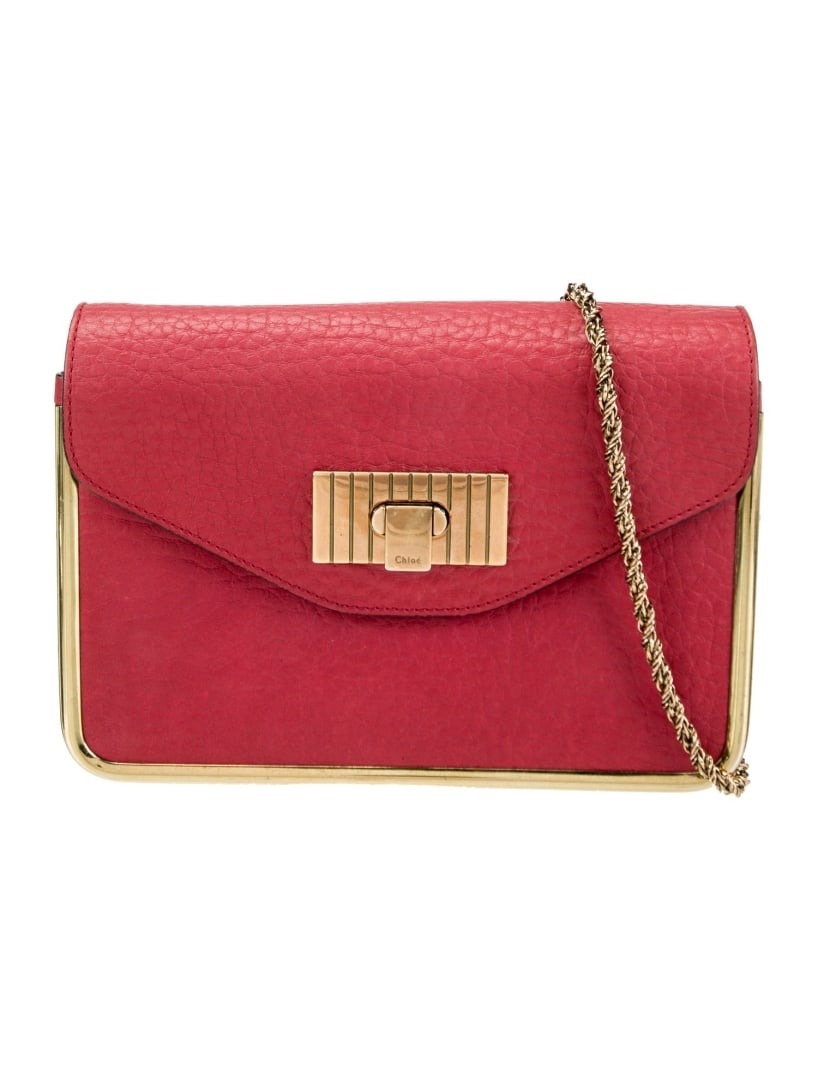 Chloe Red Leather Gold-tone Hdw Flap Cls Shldr Bag: Condition is: good, pre-owned. Details: red leather, gold-tone hardware, chain-link handles & chain-link shoulder strap, canvas lining & single interior pocket, flap closure at front, protective feet