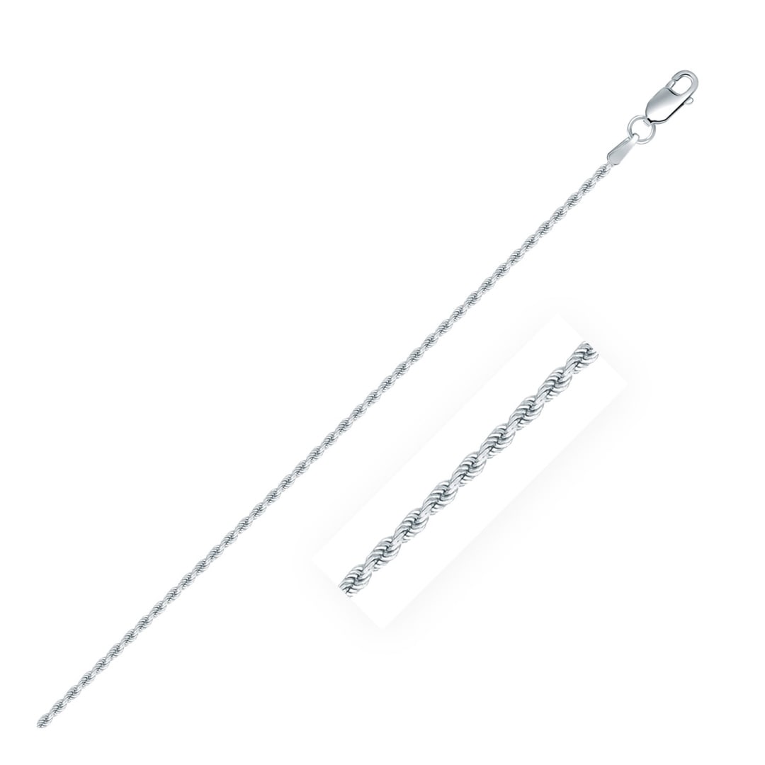 Sterling Silver Diamond Cut Rope Style Chain 1.4mm: Size: 18". This classic chain is crafted in gleaming sterling silver with rhodium polish. Featuring a diamond cut rope type design, it has a width of 1. 4 millimeters and is secured with a lobster cla