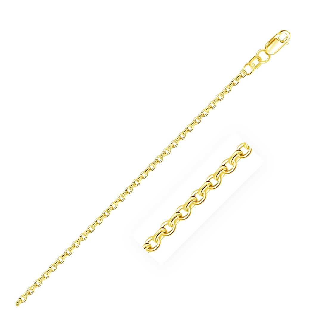 14k Gold Rolo Chain 2.3mm: Size: 16". This rolo chain comes in 14k gold and has a width of 2. 3 mm. Chain information: width: 0. 09 inches, chain type: rolo, clasp type: lobster-claw, approximate weight: 2. 5 gram(s), metal: 14