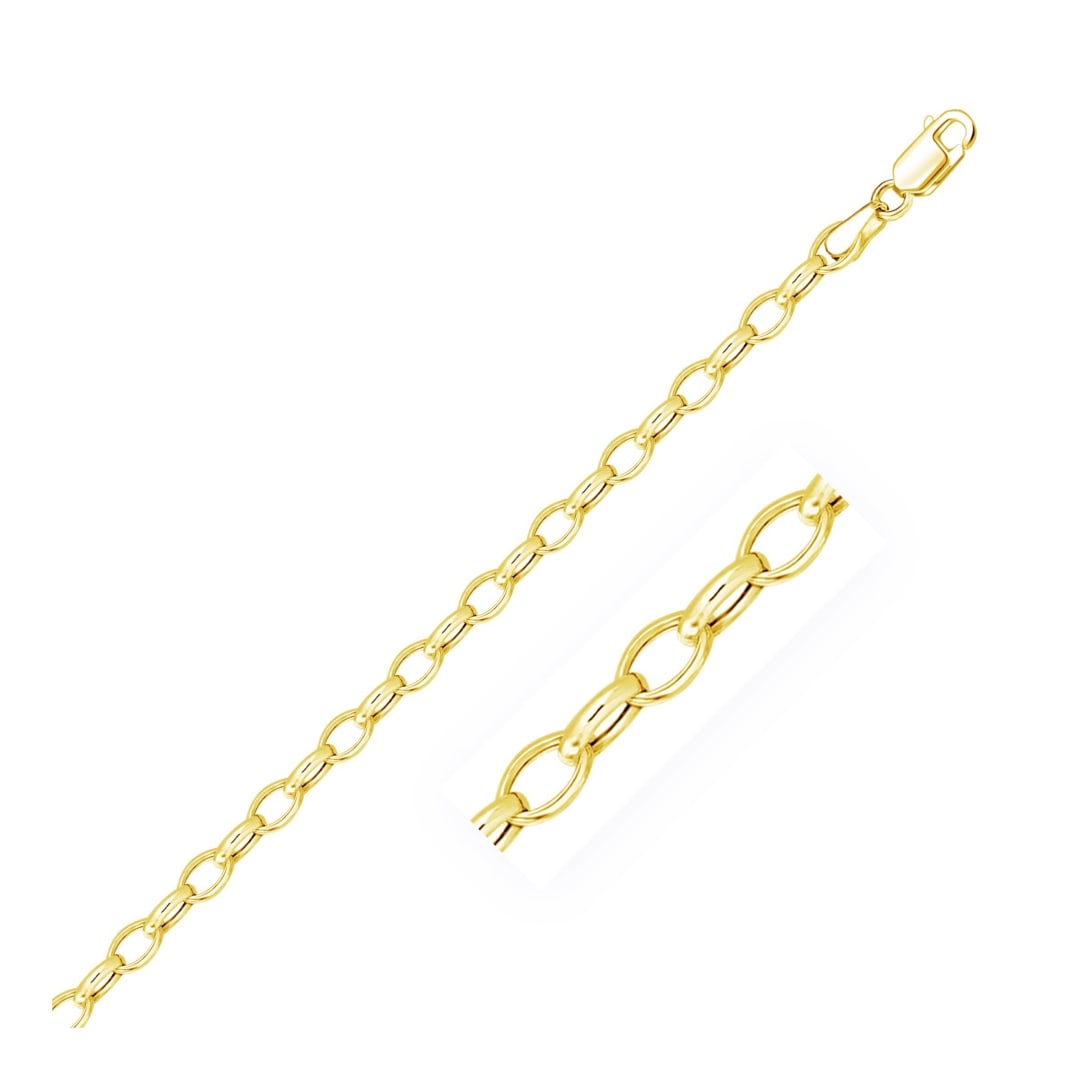 14k Gold Oval Rolo Bracelet 4.6mm: Size: 7". This oval rolo bracelet comes in 14k gold and has a width of 4. 6 mm. Secured with a lobster clasp. Bracelet information: width: 0. 18 inches, chain type: rolo, clasp type: lobster-claw, app