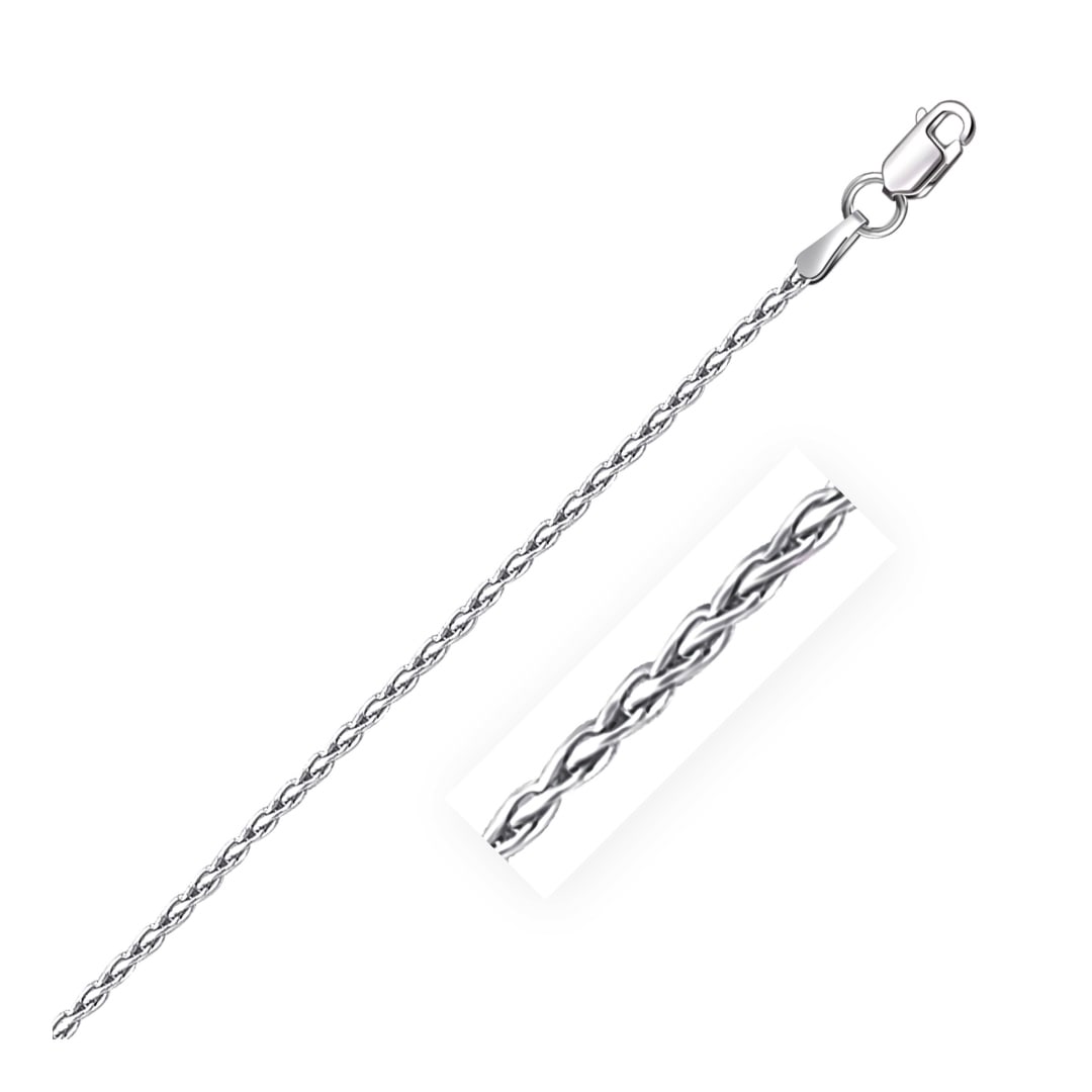 Sterling Silver High Polished Wheat Chain 1.5mm: Size: 16". This rhodium-plated wheat chain comes in sterling silver and has a width of 1. 5 millimeters. Chain information: chain type: wheat, rhodium polish: yes, approximate weight: 3. 9 gram(s)