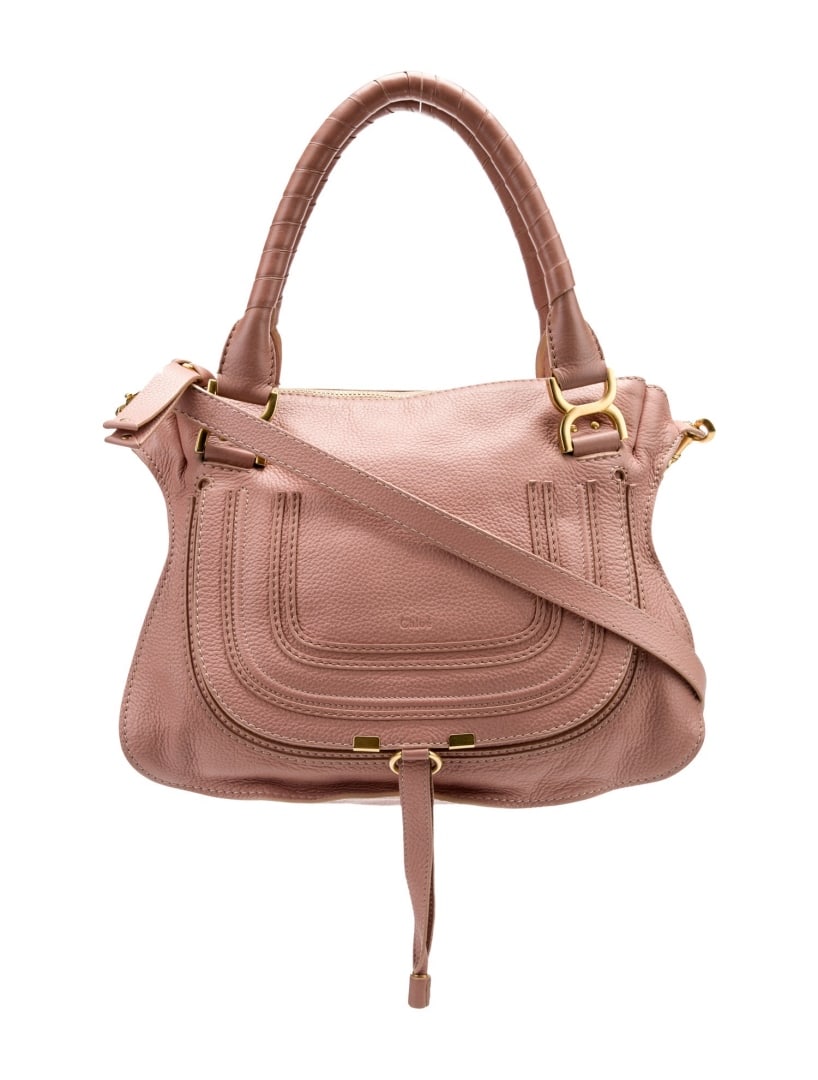 Chloe Pink Leather Pull-through Cls Top Hdl Bag: Condition is: very good, pre-owned. Details: pink leather, gold-tone hardware, rolled handles & single shoulder strap, single exterior pocket, canvas lining & dual interior pockets, zip closure at top