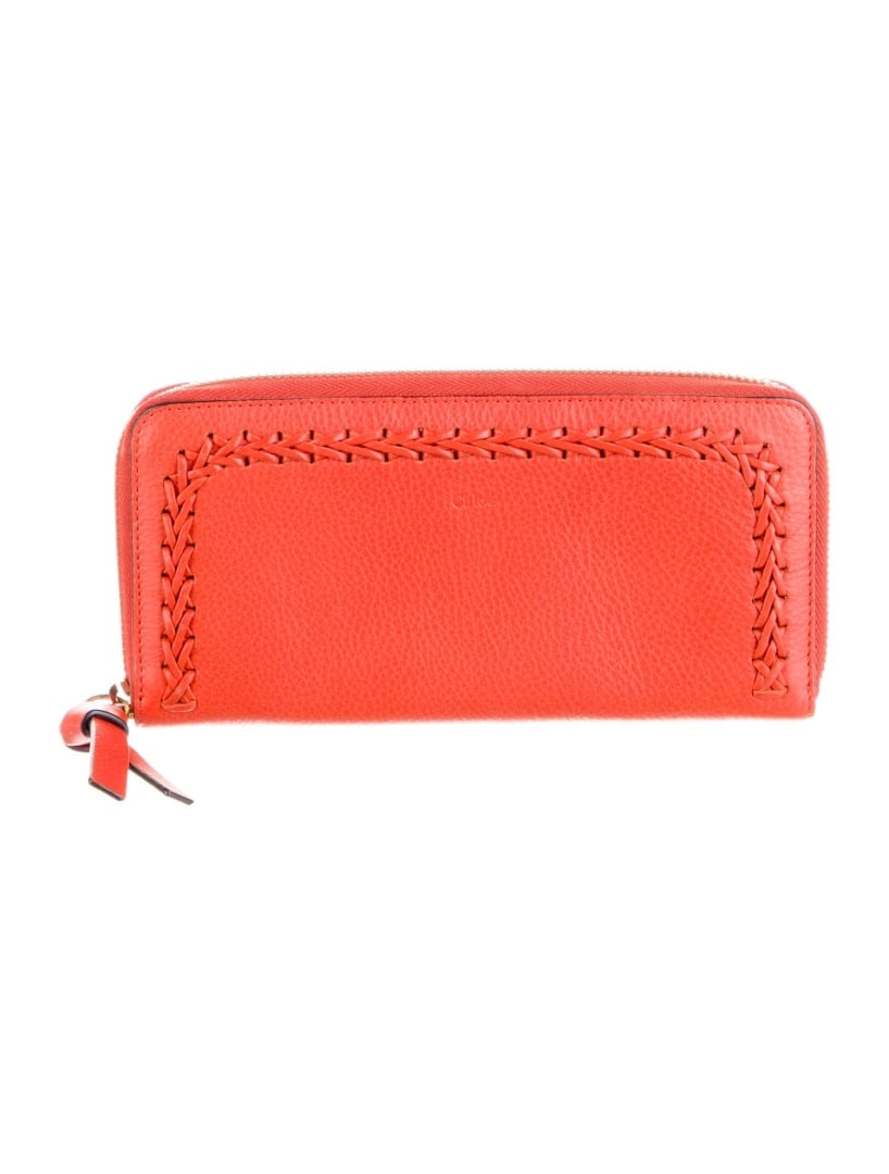 Chloe Printed Red Leather Exp Zip Conti Wallet: Condition is: very good, pre-owned. Details: red leather, printed, gold-tone hardware, leather lining with card slots, exposed zip closure, height: 4", width: 7. 75", depth: 0. 75", gender: women. Con