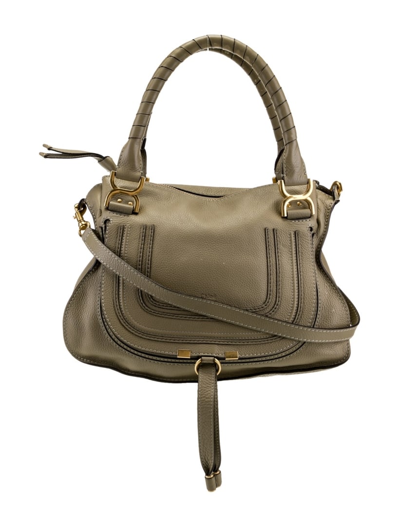 Chloe Marcie Neut Leather Zip Closure Shldr Bag: Condition is: very good, pre-owned. Details: neutrals leather, gold-tone hardware, rolled handles & single shoulder strap, single exterior pocket, canvas lining & dual interior pockets, zip closure at