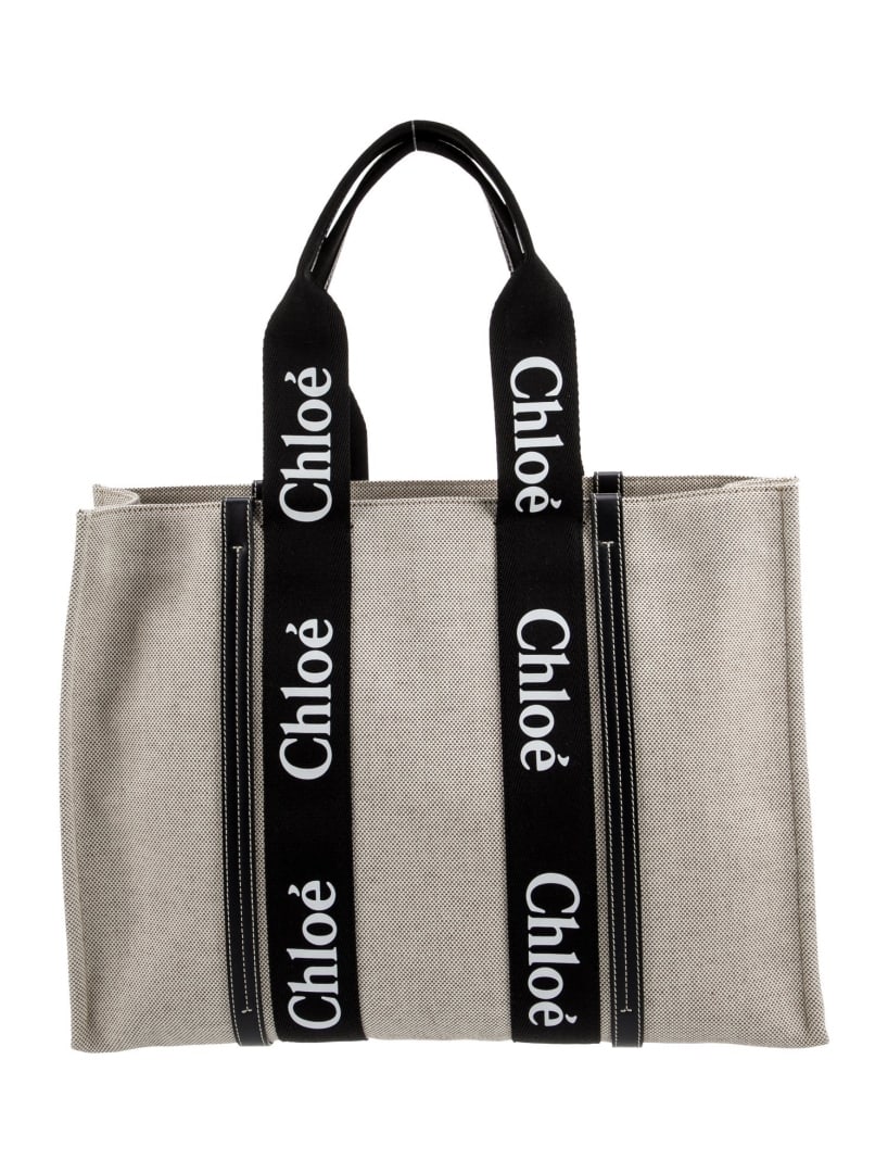 Chloe Neutrals Canvas Striped Leather Trim Tote: Condition is: excellent, pre-owned. Details: neutrals canvas, striped, leather trim, handles & dual shoulder straps, leather trim embellishment, canvas lining & single interior pocket, open top, inclu