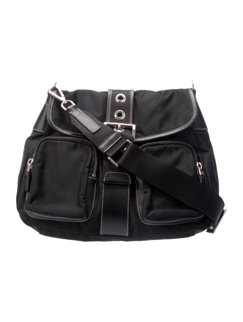 Prada Nero Tessuto Silver-tone Hdw Shldr Bag: Condition is: good, pre-owned. Details: by miuccia prada, nero tessuto, saffiano leather & tessuto nylon, silver-tone hardware, leather trim, single adjustable shoulder strap, leather trim embellishme