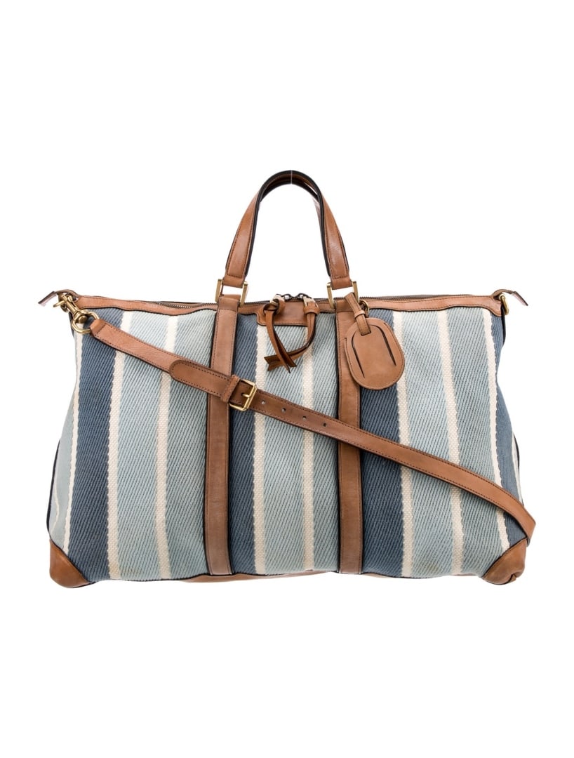 Gucci Blue Canvas Striped Zip Cls Weekender Bag: Condition is: good, pre-owned. Details: blue canvas, striped, gold-tone hardware, flat handles & single adjustable shoulder strap, leather trim embellishment, canvas lining & three interior pockets, z