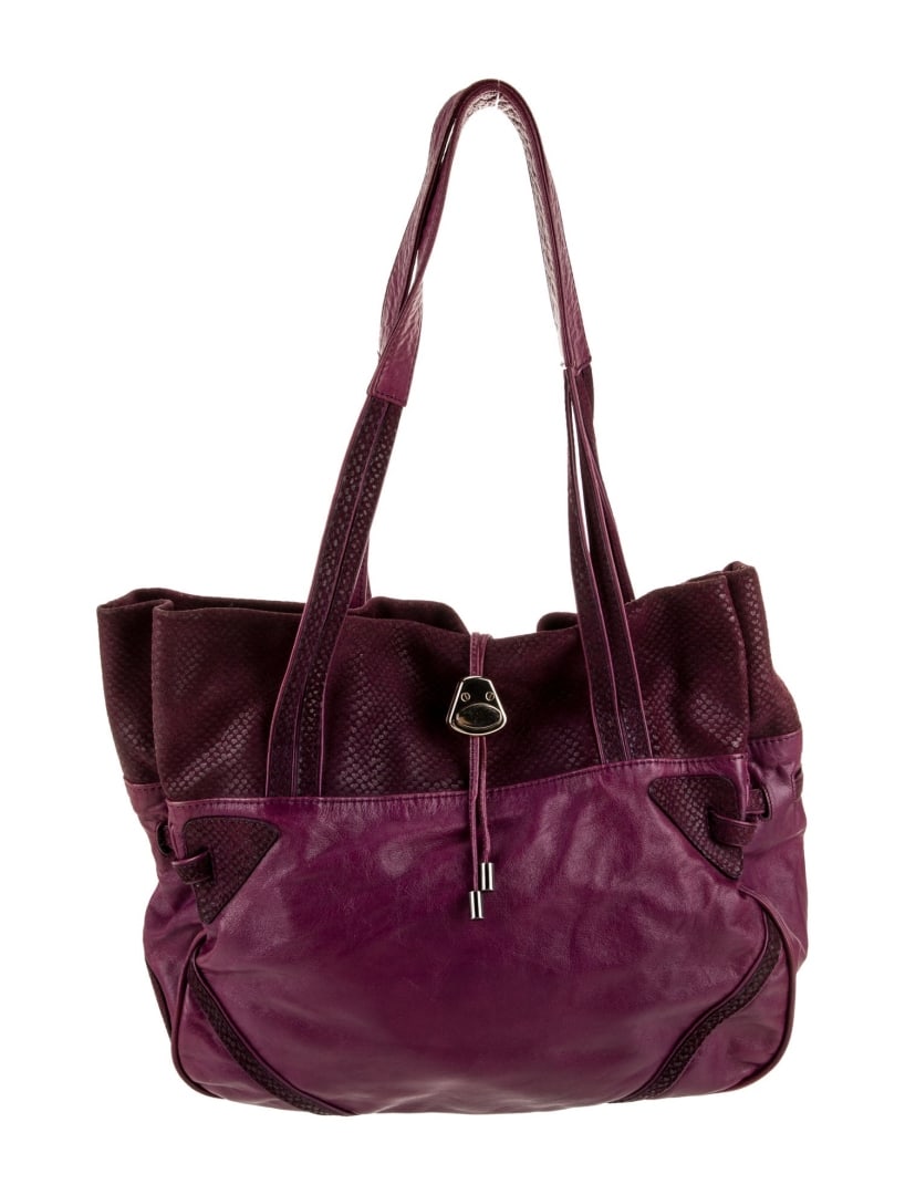 See By Chloe Purple Leather Snap Shldr Bag: Condition is: good, pre-owned. Details: purple leather, gold-tone hardware, suede trim, dual shoulder straps, canvas lining & three interior pockets, snap closure at top, shoulder strap drop: 9. 75",