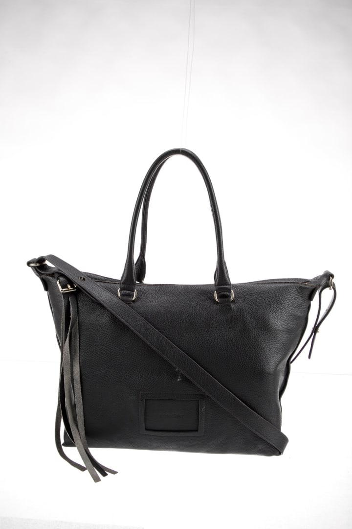 See By Chloe Black Leather Fringe Trim Top Hdl Bag: Condition is: very good, pre-owned. Details: black leather, gold-tone hardware, rolled handles & single shoulder strap, fringe trim accent & single exterior pocket, grosgrain lining & three interior p