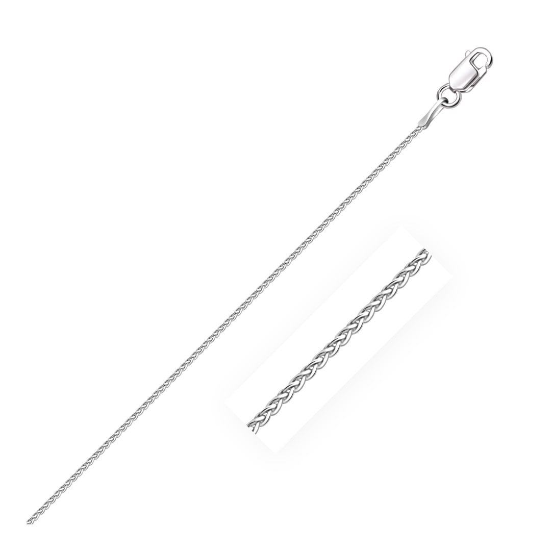 14k White Gold Diamond-cut Round Wheat Chain 1.0mm: Size: 20". This diamond cut round wheat chain comes in 14k white gold and has a width of 1. 0 millimeters. Chain information: width: 0. 04 inches, chain type: wheat, clasp type: lobster-claw, approxim