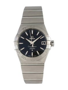 Omega Constellation Ss Black Dial Auto Men's 38mm: Condition is good, pre-owned. Details: black dial, butterfly clasp, fits a wrist size of 7" or smaller, collection: constellation, serial number: 86******, movement: co-axial escapement automatic, com