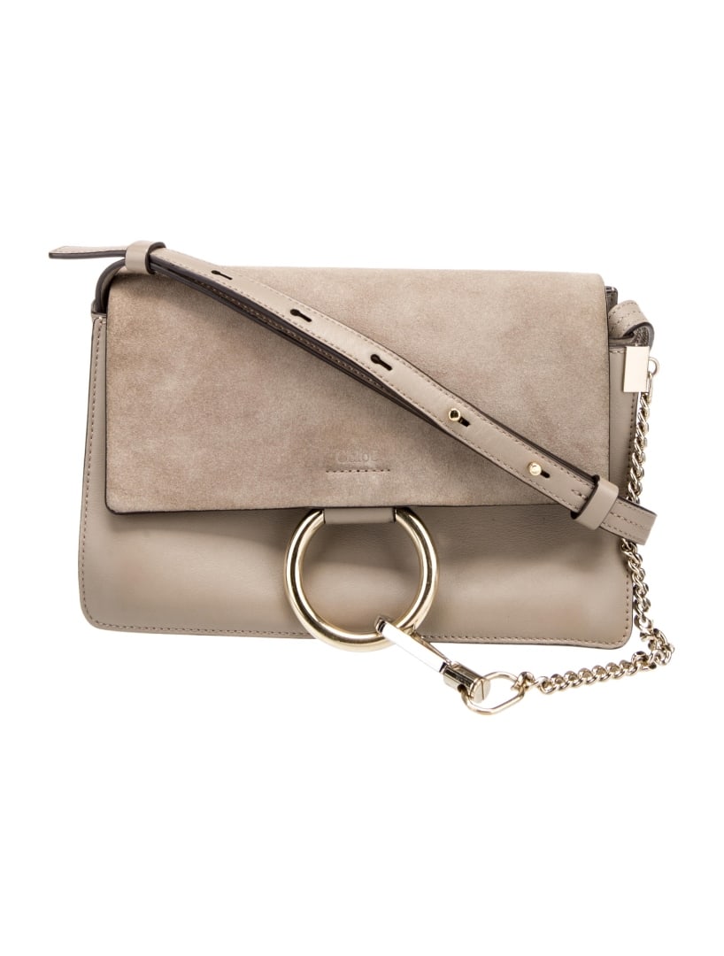 Chloe Neut Lthr Chain-link Snap Crossbody Bag: Condition is: very good, pre-owned. Details: neutrals leather, gold-tone hardware, suede trim, chain-link handle & single adjustable shoulder strap, chain-link accents & five exterior pockets, suede l