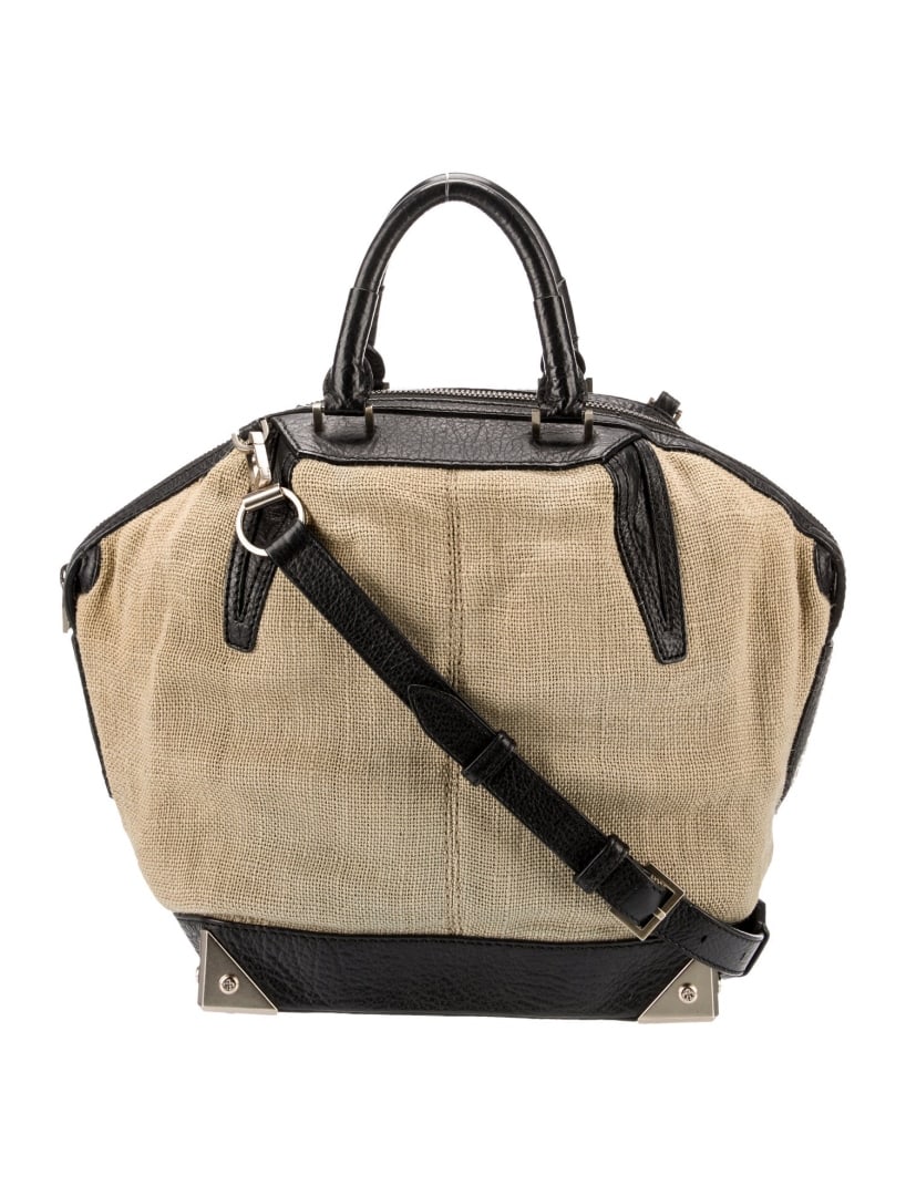 Alexander Wang Blk & Neutrals Canvas Top Hdl Bag: Condition is: very good, pre-owned. Details: black & neutrals canvas, color block pattern, gold-tone hardware, leather trim, rolled handles & single adjustable shoulder strap, nylon lining & single in