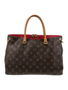 Louis Vuitton Monogram Pallas Brn Ctd Canvas Tote: Condition is: good, pre-owned. Details: from the 2016 collection, brown coated canvas, lv monogram, brass hardware, leather trim, rolled handles, leather trim embellishment & dual exterior pockets, al