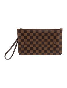 Louis Vuitton Ebene Neverfull Ctd Canvas Clutch: Condition is: excellent, pre-owned. Details: from the 2016 collection by nicolas ghesquiere, brown coated canvas, damier ebene pattern, brass hardware, flat handle & wrist strap, leather trim embellis