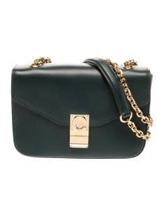 Celine Green Leather Turn-lock Cls Evening Bag: Condition is: very good, pre-owned. Details: green leather, gold-tone hardware, chain-link handles & chain-link shoulder straps, chain-link accents, leather lining & dual interior pockets, turn-lock c