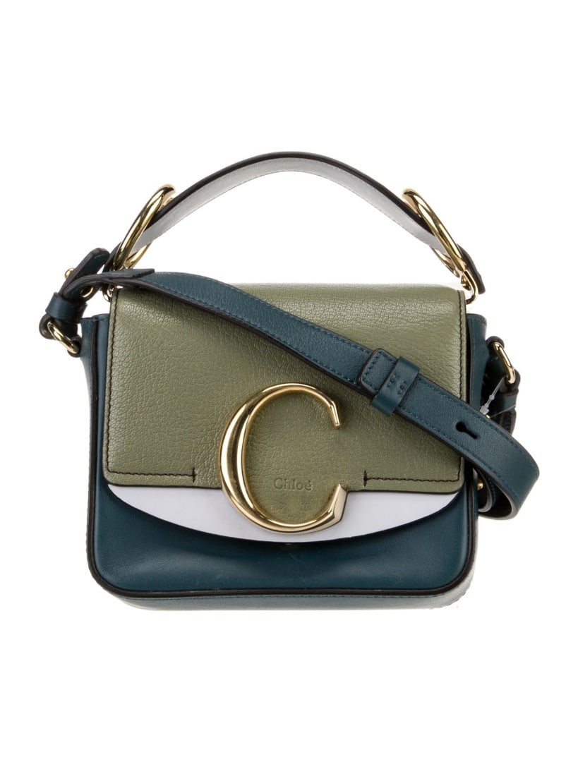 Chloe Blue & Green Leather Push-lock Crossbody Bag: Condition is: very good, pre-owned. Details: from the 2019 collection, blue & green leather, printed, gold-tone hardware, flat handles & single adjustable shoulder strap, twill lining with card slots,