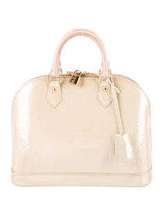 Louis Vuitton Alma Pm Neut Vernis Zip Top Hdl Bag: Condition is: good, pre-owned. Details: from the 2011 collection, neutrals vernis patent leather, monogram vernis, brass hardware, rolled handles, canvas lining & dual interior pockets, zip closure at