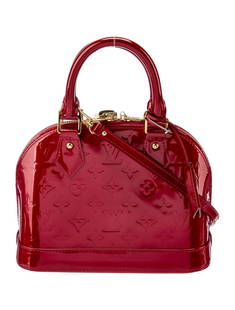 Louis Vuitton Alma Cerise Vernis Zip Shoulder Bag: Condition is: very good, pre-owned. Details: by marc jacobs, cerise vernis patent leather, monogram vernis, brass hardware, rolled handles & single shoulder strap, leather trim embellishment, canvas l