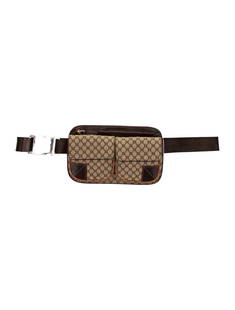 Celine Brown Canvas Silver-tone Hdw Zip Belt Bag: Condition is: good, pre-owned. Details: brown canvas, printed, silver-tone hardware, wrist strap, dual exterior pockets, canvas lining, zip closure at front, strap length: 41", height: 5. 75", width: