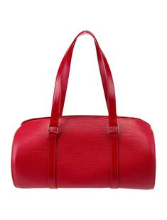 Louis Vuitton Soufflot Red Epi Zip Shoulder Bag: Condition is: very good, pre-owned. Details: from the 2005 collection, vintage, red epi leather, lv monogram, silver-tone hardware, flat handles & dual shoulder straps, alcantara lining & single inter