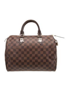 Louis Vuitton Ebene Speedy Brown Top Handle Bag: Condition is: very good, pre-owned. Details: from the fall 2018 collection, brown coated canvas, damier ebene pattern, brass hardware, leather trim, rolled handles, leather trim embellishment, canvas