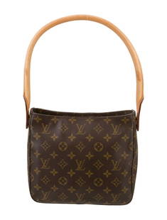 Louis Vuitton Brass Hdw Looping Mm Shldr Bag: Condition is: good, pre-owned. Details: brown, lv monogram, brass hardware, leather trim, single shoulder strap, leather trim embellishment, suede lining, zip closure at top, shoulder strap drop: 8. 2