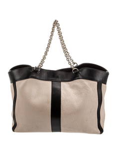 See By Chloe Colorblock Gold-tone Hdw Leather Tote: Condition is: good, pre-owned. Details: neutrals leather, color block pattern, gold-tone hardware, chain-link handles, grosgrain lining, snap closure at top, protective feet at base, handle drop: 5. 2