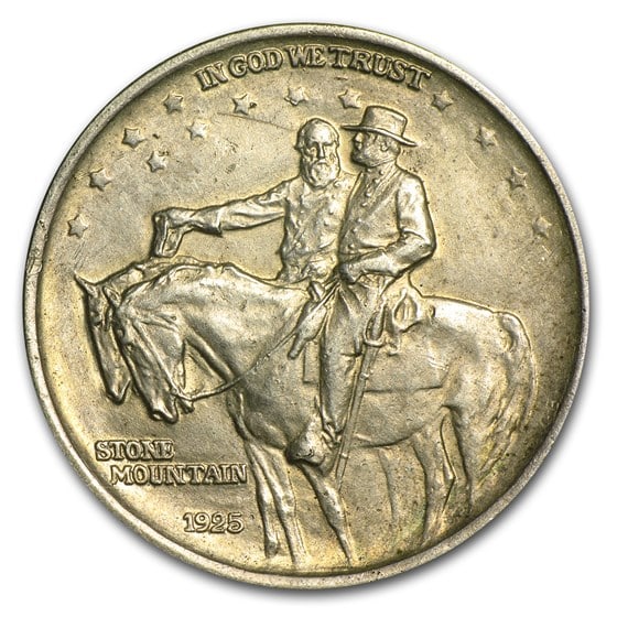 1925 Stone Mountain Commemorative Half Dollar Au: This commemorative half dollar was designed by gutzon borglum, who carved mount rushmore. The coins were sold to raise funds to complete the confederate memorial monument in stone mountain, georgia. C