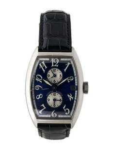 Franck Muller Master Banker Dark Blue Unisex 32mm: Condition is good, pre-owned. Details: dark blue dial, tang buckle, fits a wrist size of 7" or smaller, collection: master banker, serial number: 2**, movement: automatic, case shape: tonneau, case ma