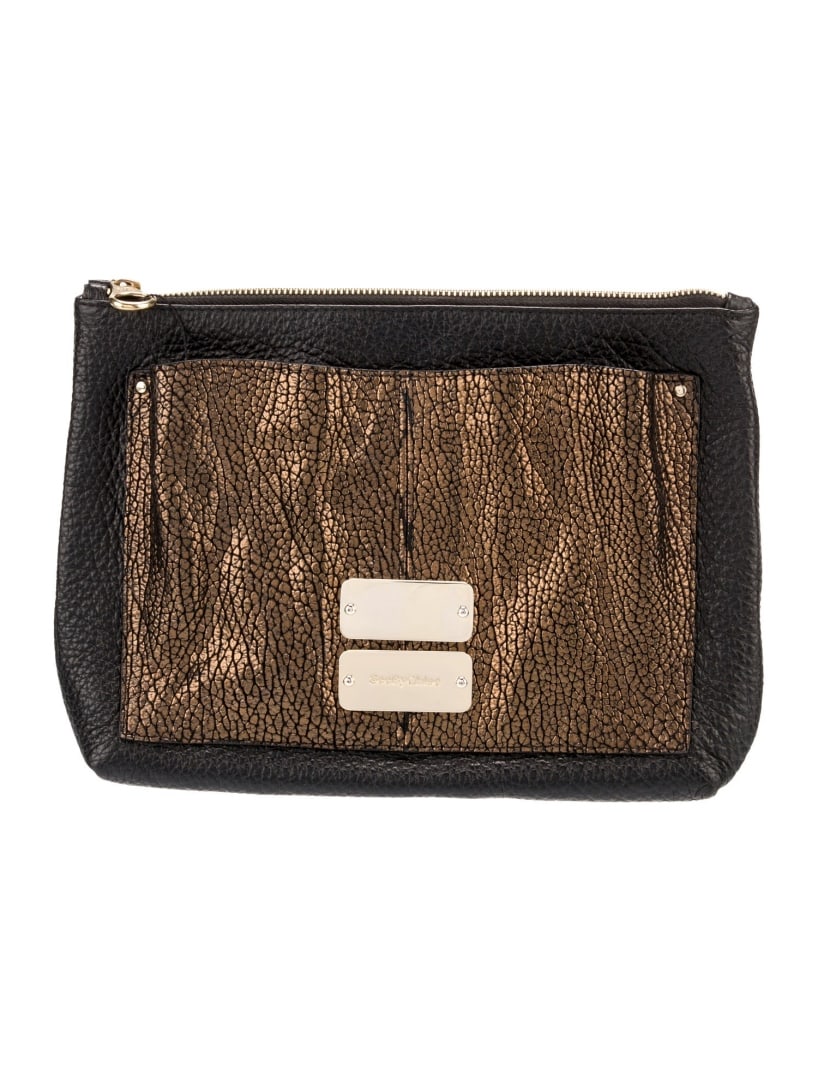 See By Chloe Animal Print Gld-tone Hdw Minaudiere: Condition is: very good, pre-owned. Details: black, gold & metallic leather, animal print, gold-tone hardware, dual exterior pockets, canvas lining & three interior pockets, zip closure at top, height
