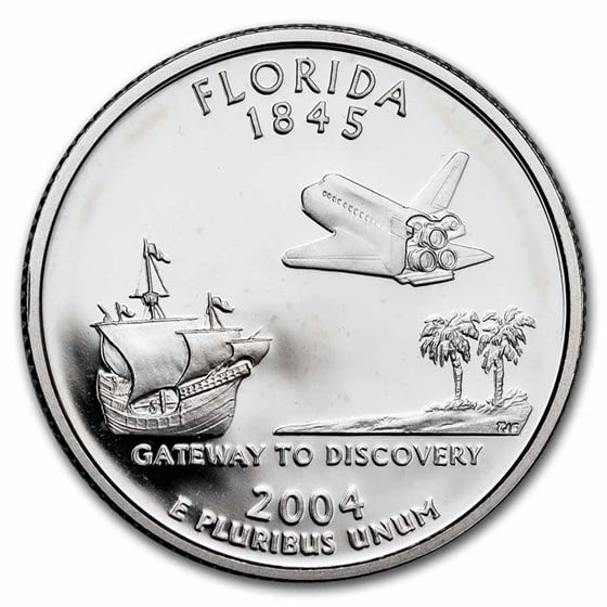 2004-s Florida State Quarter Gem Proof (silver): This is the 27th coin released in the 50 state quarter program. The reverse of this depicts the gateway to discovery with a 16th-century spanish galleon, sabal palm trees on a strip of land, and an im