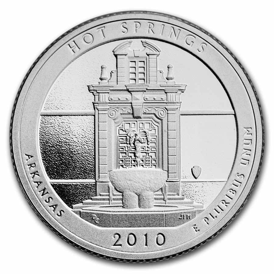 2010-s Atb Hot Springs Arkansas Park Proof: This 2010-s atb quarter hot springs national park proof coin features a captivating design in silver. The obverse showcases a left-profile portrait of george washington, the first president of the uni