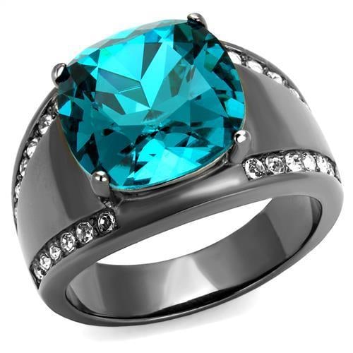 Asscher 9.56ct Blue Zircon & White Topaz Ring: Size 5. Made with stainless steel with a gunmetal (dark grey) ion plating finish. Believed to be simulated gemstone(s). Weight (approx): 8. 37 (g) center stone size: 12 mm