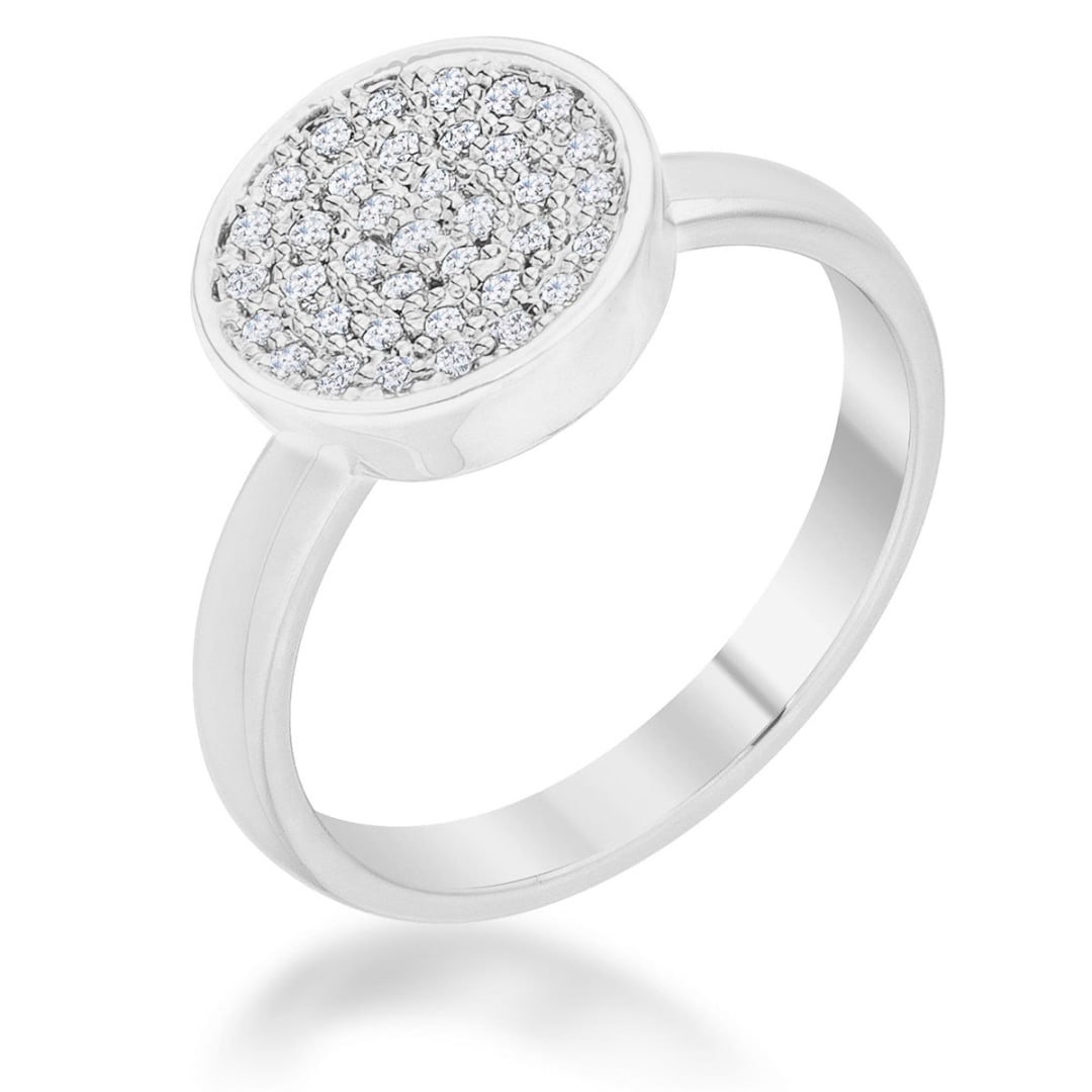 Classic .20ct Pave White Sapphire Circle Ring: Ring size: 6. This circle-style ring features small white sapphire accents, set in a pave setting. The band width is 3mm, crafted from lead-free alloy (brass) with rhodium plating for a luxurious fini