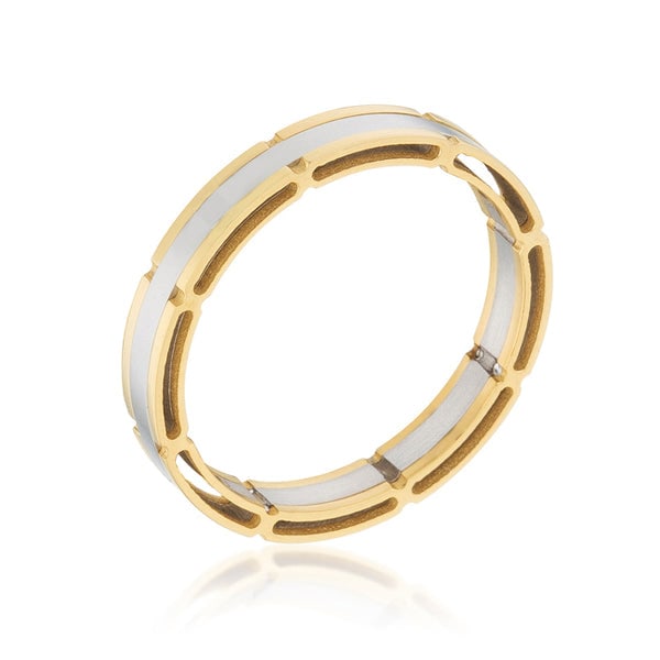 18k Gold Plated Two Tone Band: Size 14. Plated with 18k yellow gold and genuine rhodium finish that grants it a platinum-like sheen. Crafted from robust 316l stainless steel, this accessory offers a sleek and contemporary design. M
