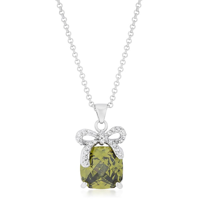 Cushion Cut 13.16ct Peridot & White Topaz Necklace: Length 16" + 2" ext. This stunning piece of jewelry features a dazzling cushion cut peridot, accentuated by sparkling white topaz gemstones arranged in bowtie design. The pendant hangs beautifully fro