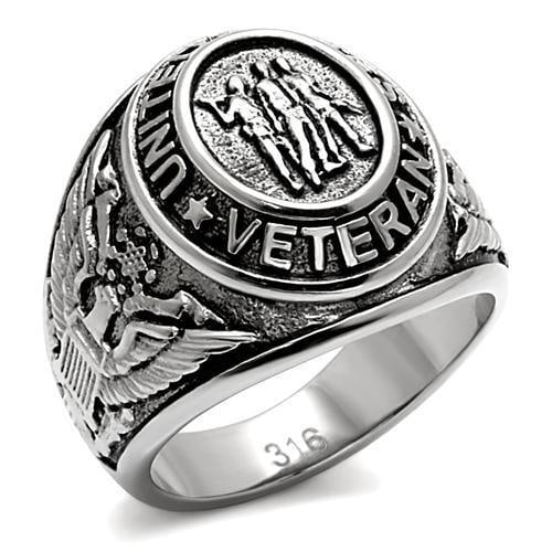 Symbolic High-polished United States Veteran Ring: Ring size: 10. Made with high-polished stainless steel. This united states veteran ring features a distinguished design at its center: three soldiers standing in solidarity. This ring is a symbol of r