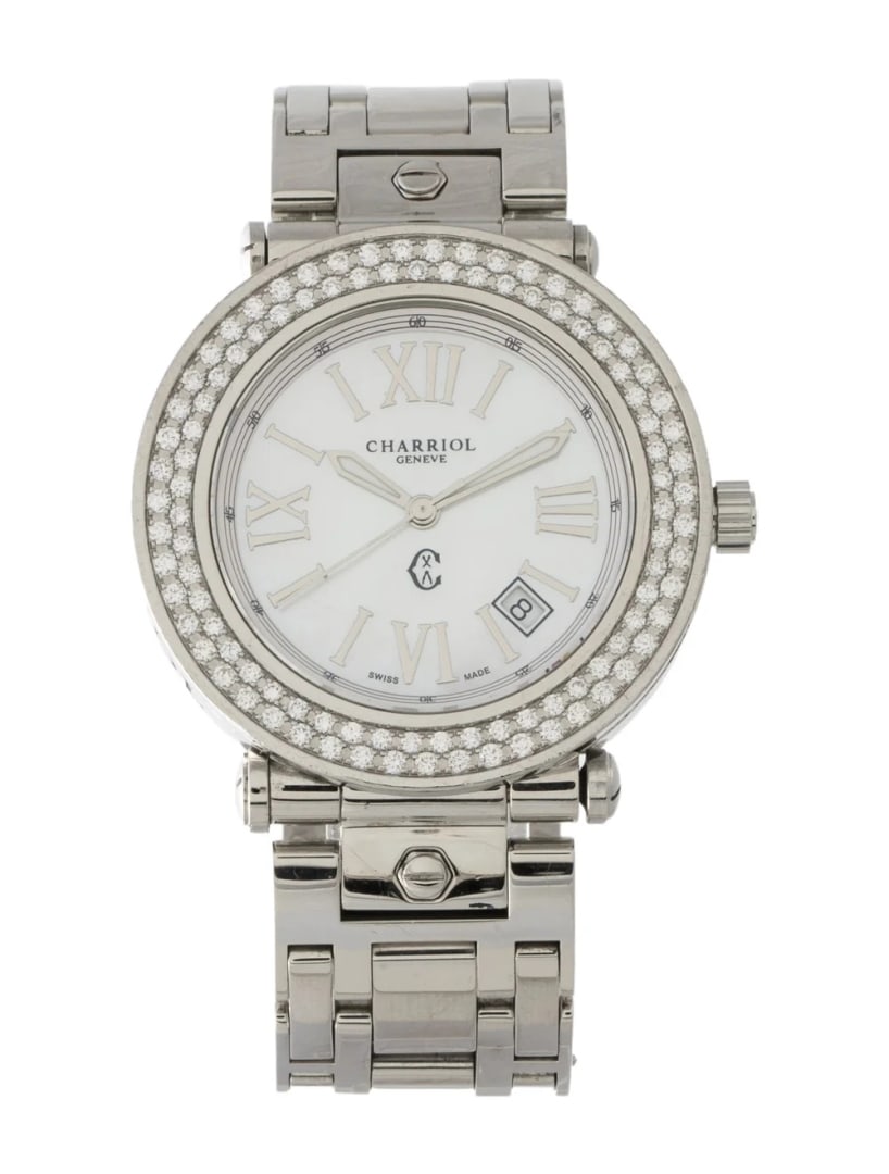 Charriol Rotonde Mop Dial Qtz Women's 38mm: Condition is good, pre-owned. Details: mother of pearl dial, butterfly clasp, fits a wrist size of 6" or smaller, collection: rotonde, serial number: 2***, movement: quartz, complications: date, case