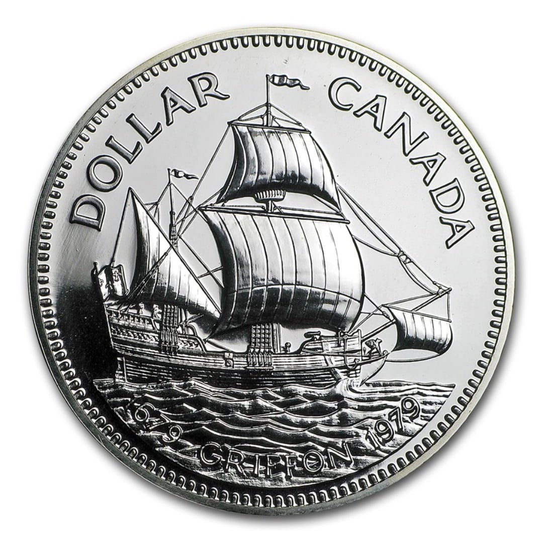 1979 Canada Silver Dollar Griffon Tricentennial: This 1979 canada silver dollar specimen commemorates the 300th anniversary of the griffon, believed to be the first ship to sail on the great lakes. The coin contains 0. 3750 oz of silver. The obverse