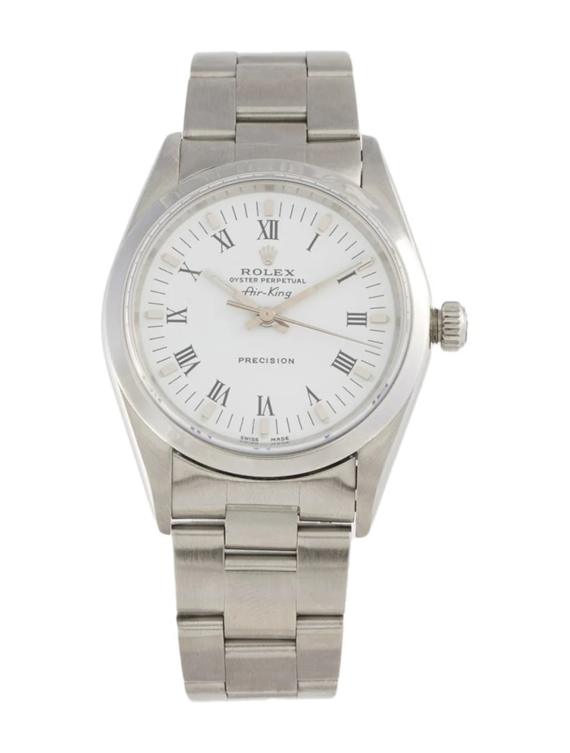 Rolex Air-king Ss White Dial Auto Women's 31mm: Condition is good, pre-owned. Details: white dial, president bracelet with deployant clasp, fits a wrist size of 6. 5" or smaller, collection: oyster perpetual, model name: air-king, serial number: p1