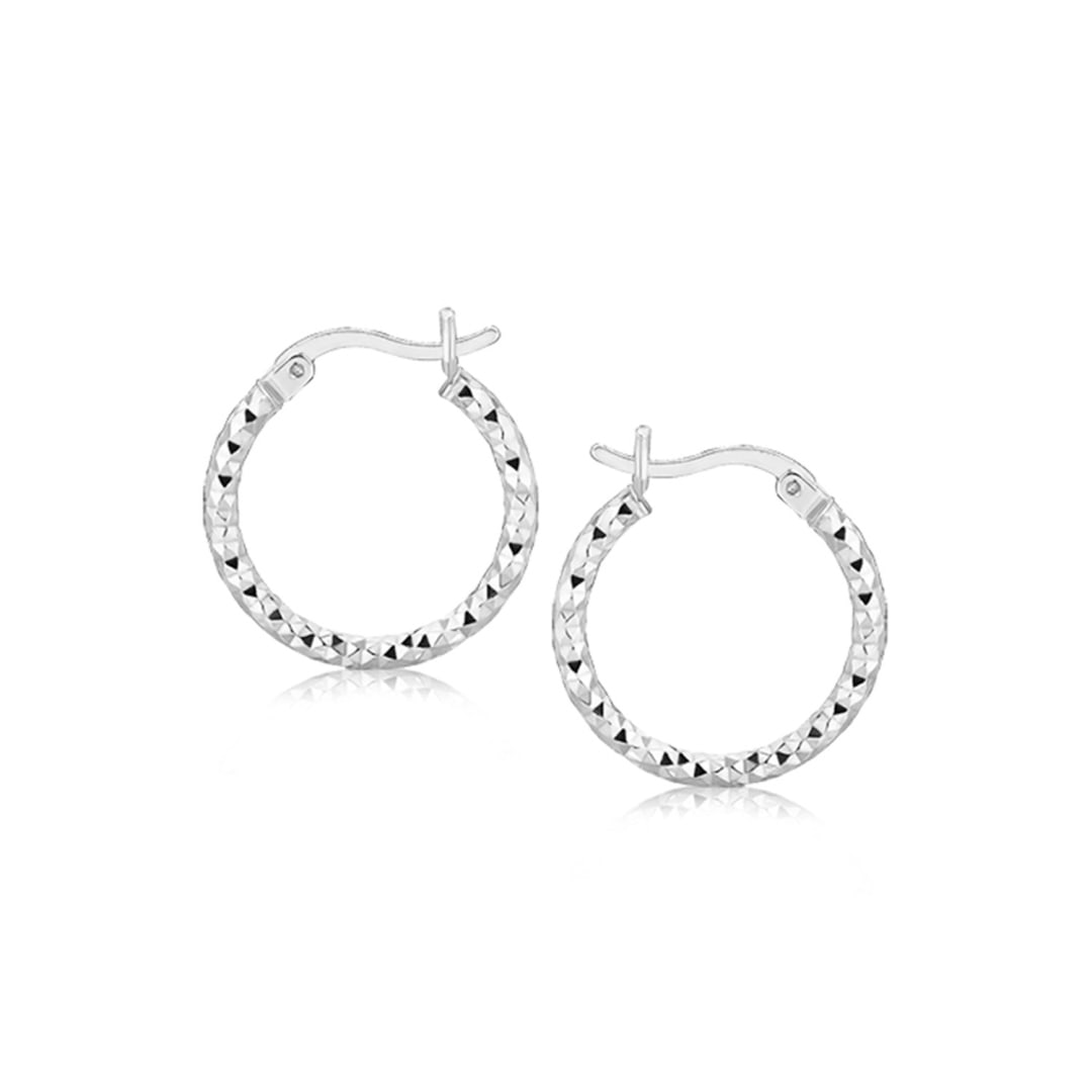 Sterling Silver Faceted Design Hoop Earrings: The thin faceted band highlights the elegant weave like the design of these rhodium plated sterling silver earrings. Secured with snap locks. Earring information: diameter: 15. 00 mm, width: 2. 00 mm,
