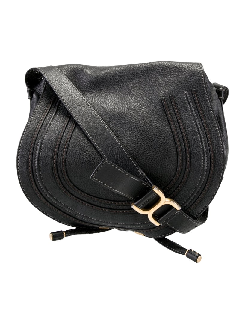 Chloe Signature Marcie Black Leather Crossbody Bag: Condition is: good, pre-owned. Details: black leather, signature logo, gold-tone hardware, flat handle & single adjustable shoulder strap, tassel accents & single exterior pocket, canvas lining & sing