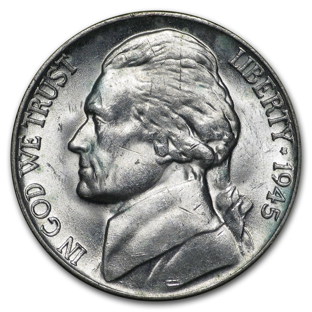 1945-p Silver Wartime Jefferson Nickel Bu: You will receive this coin as described, but it may (or may not) be the exact one in the photo, as we have multiple in stock. We guarantee you will receive the same quality. This coin contains . 056 o