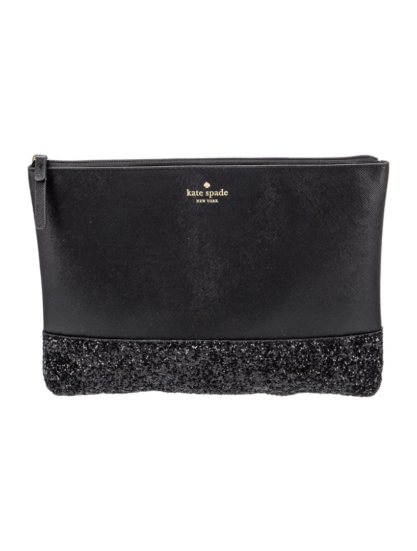 Kate Spade Black Canvas Gold-tone Hdw Portfolio: Condition is: excellent, pre-owned. Details: black canvas, gold-tone hardware, logo jacquard lining, zip closure at top, height: 8", width: 9. 75", depth: 0. 25", gender: women. Condition: no visible 