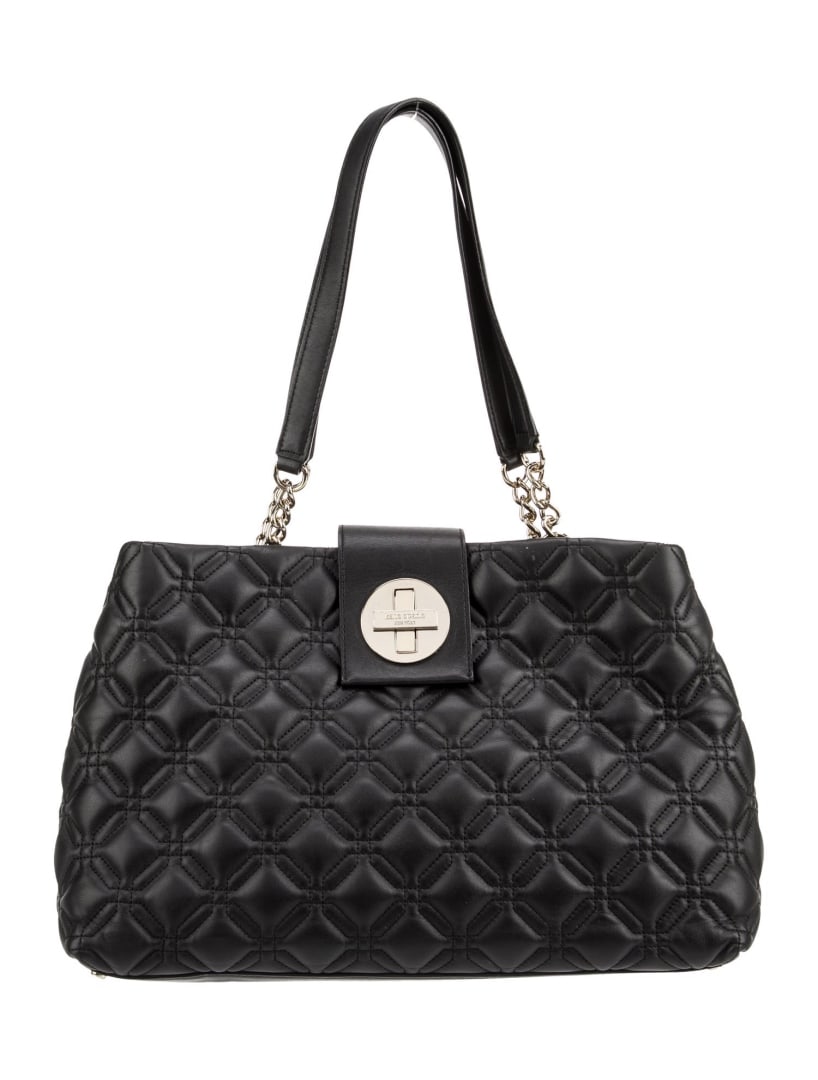 Kate Spade Leather Chain-link Turn-lock Shldr Bag: Condition is: very good, pre-owned. Details: black leather, gold-tone & silver-tone hardware, flat handles & dual shoulder straps, chain-link accents, logo jacquard lining & four interior pockets, tur