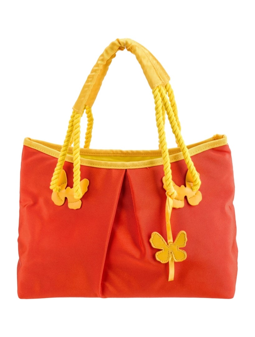 Escada Orange Nylon Leather & Pleatedtop Hdl Bag: Condition is: very good, pre-owned. Details: orange nylon, dual shoulder straps, leather & pleated accents, nylon lining, open top, shoulder strap drop: 7", handle drop: 5. 5", height: 8. 5", width: 1