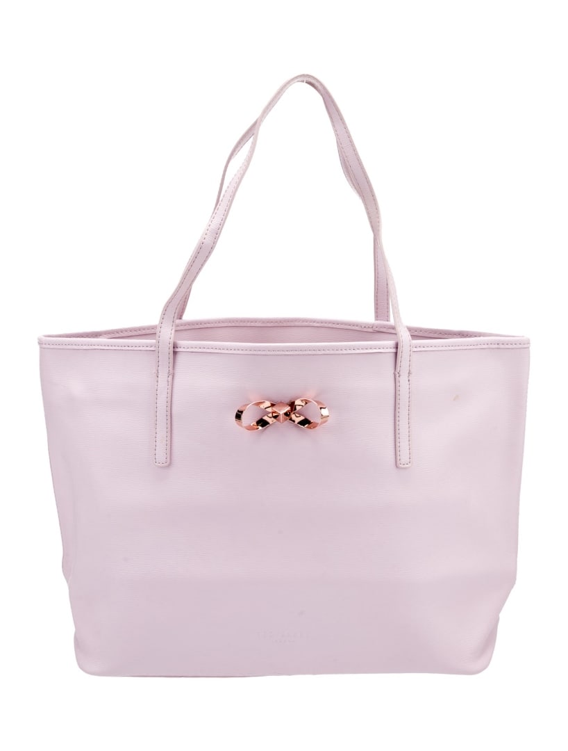 Ted Baker Pink Leather Rose Bow Zip Cls Tote: Condition is: very good, pre-owned. Details: pink leather, rose gold-tone hardware, dual shoulder straps, bow accents, canvas lining, zip closure at top, shoulder strap drop: 8. 5", height: 10. 75", w